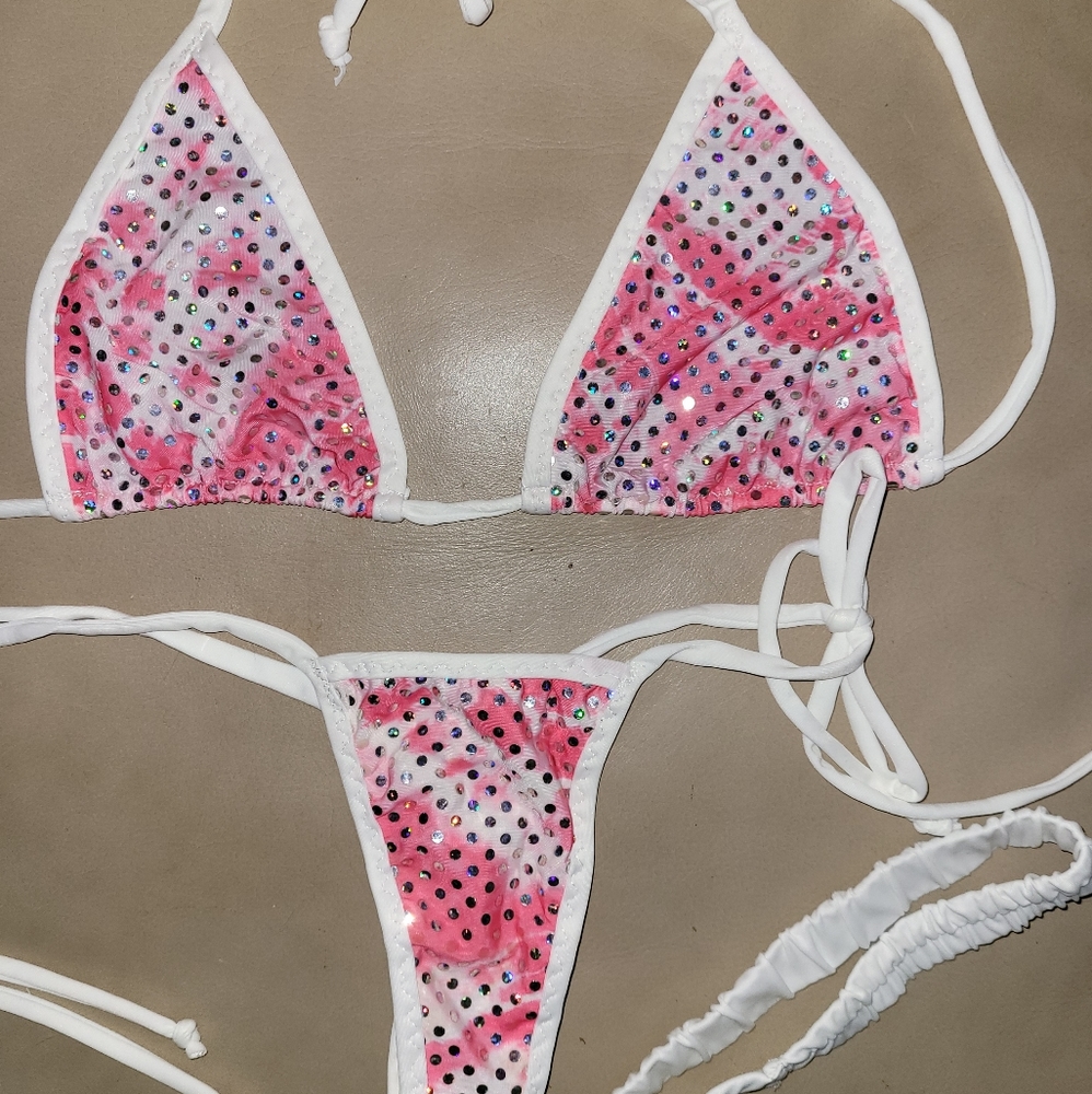 Pink w/ Mirrored Dots Tri-Top Thong Bottom Bikini